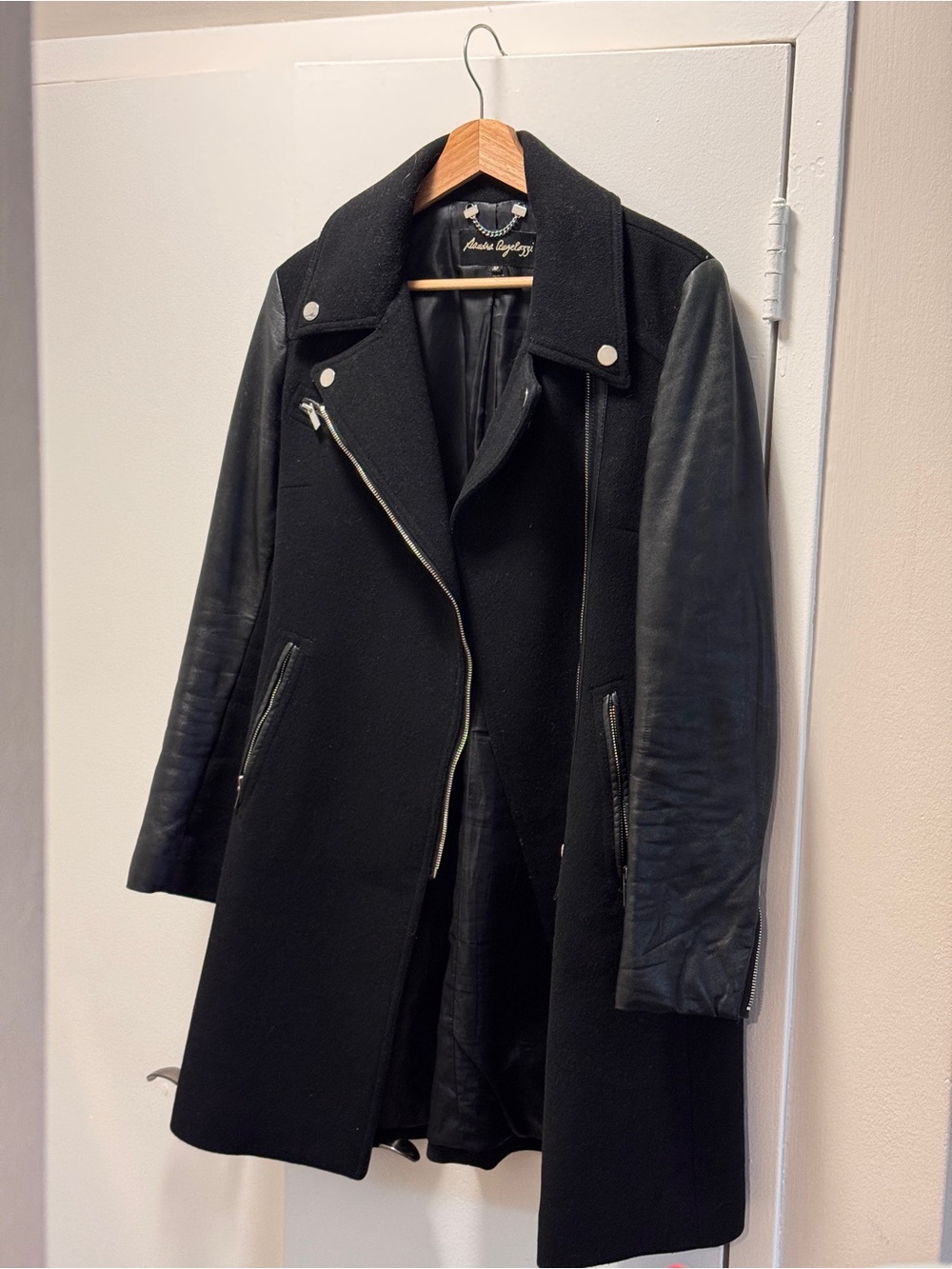 Vintage Sandra Angelozzi tailored wool asymmetric genuine leather sleeves coat